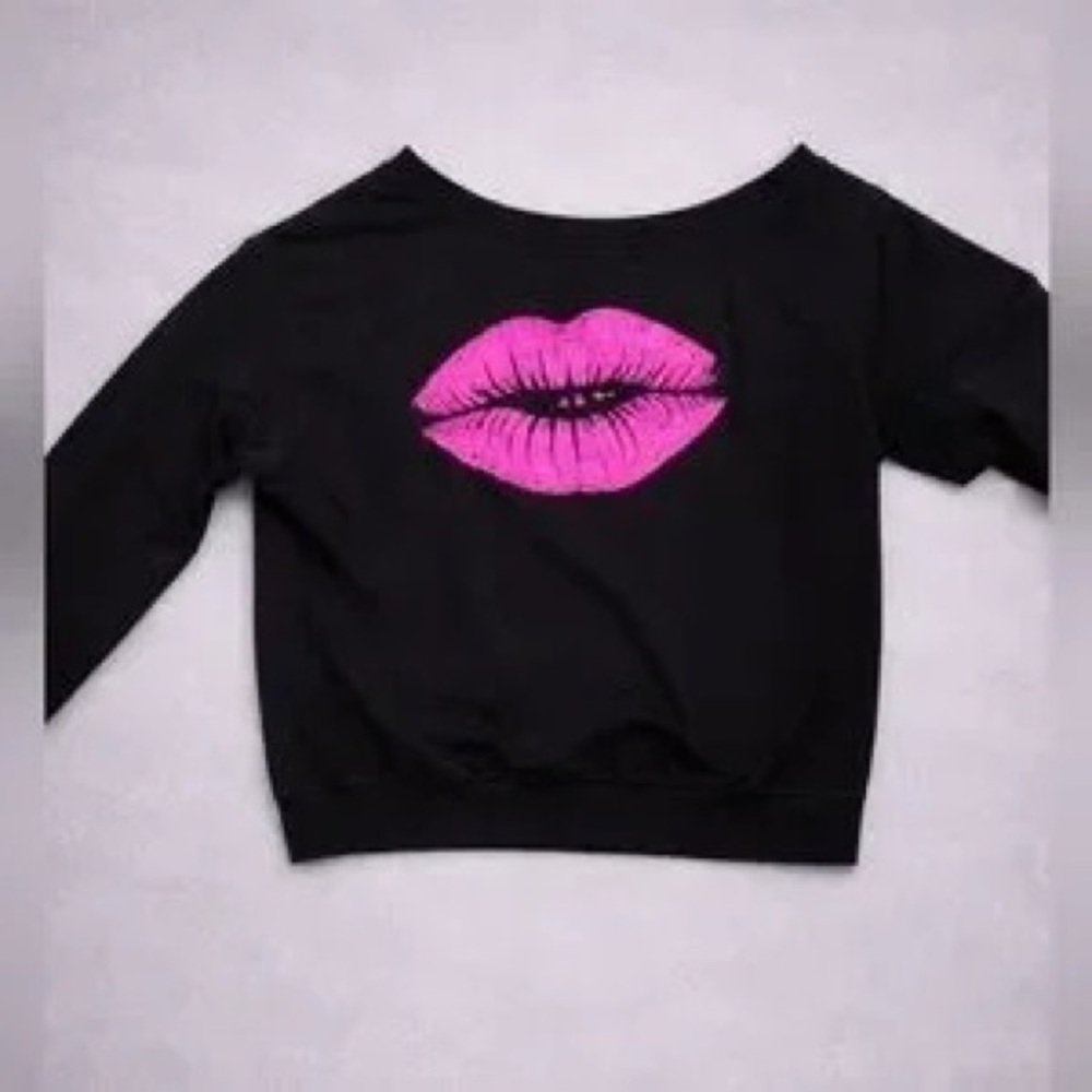 Women’s Black Scoop Neck Sweater with Pink Lip Graphic